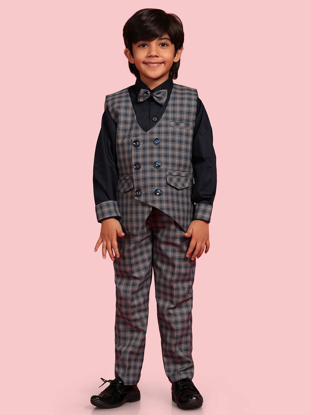 

Aj DEZInES Boys Checked Suit Set, Navy blue