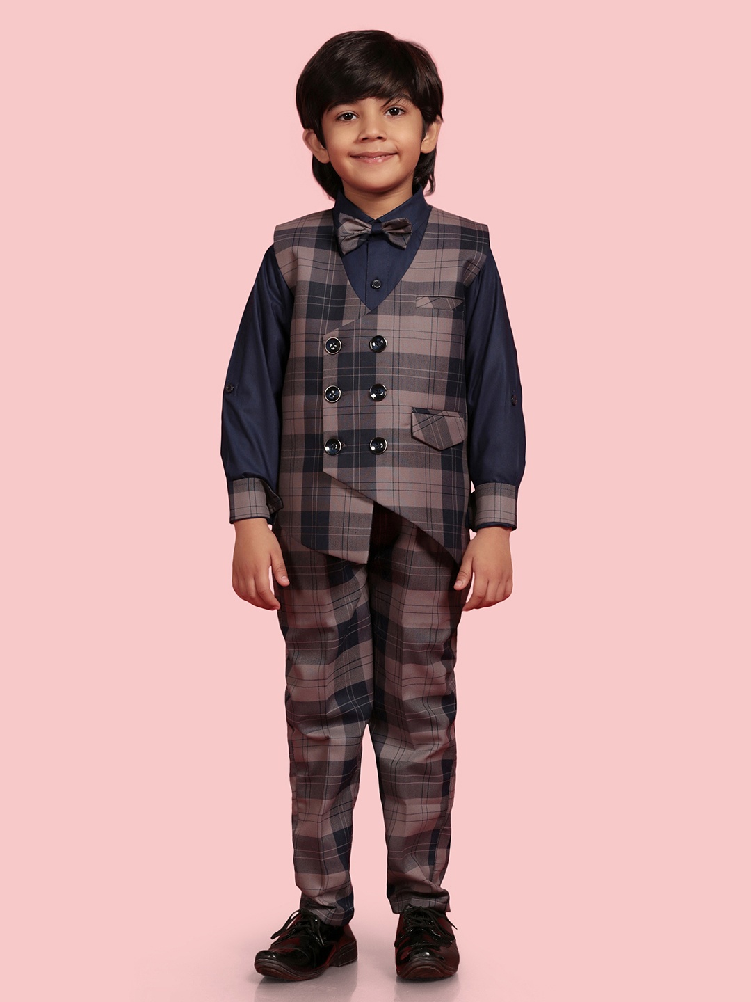 

Aj DEZInES Boys Checked Regular Fit 3 Piece Suit Set, Grey