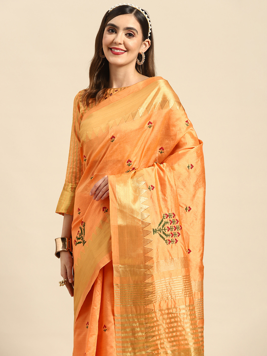 

SERONA FABRICS Orange Floral Embroidered Silk Cotton Saree