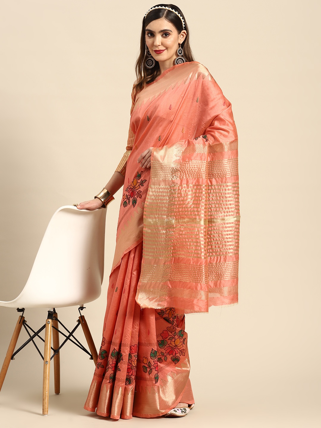 

SERONA FABRICS Peach-Coloured Floral Embroidered Silk Cotton Saree