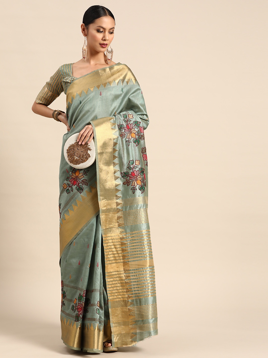 

SERONA FABRICS Sea Green & Gold-Toned Ethnic Motifs Embroidered Silk Cotton Saree