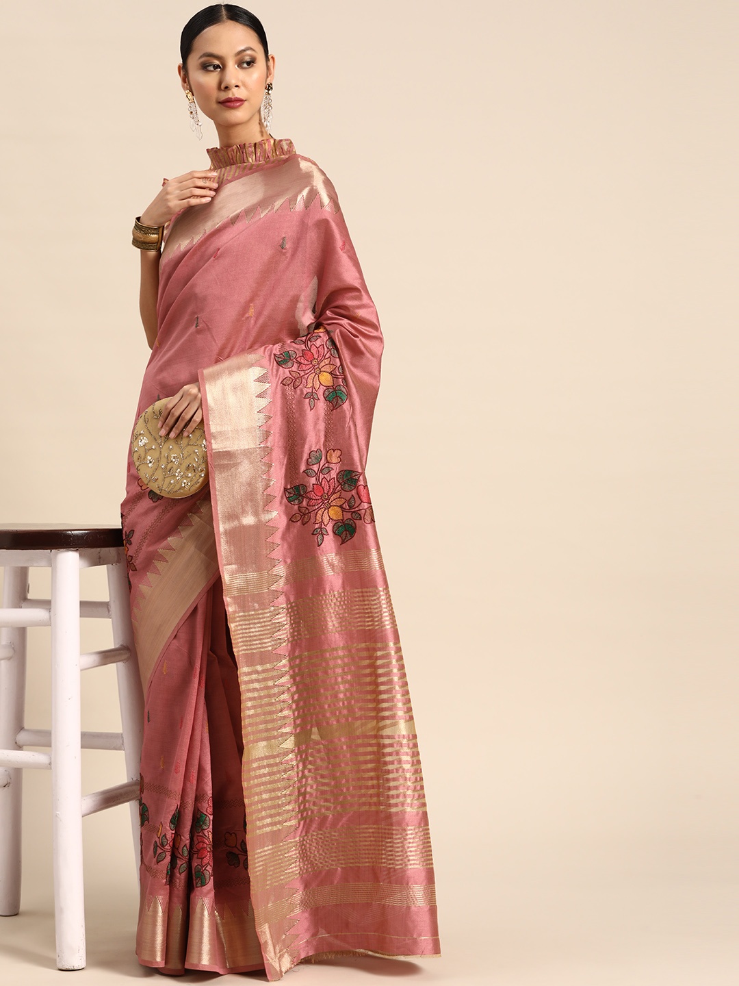 

SERONA FABRICS Pink Floral Embroidered Silk Cotton Saree