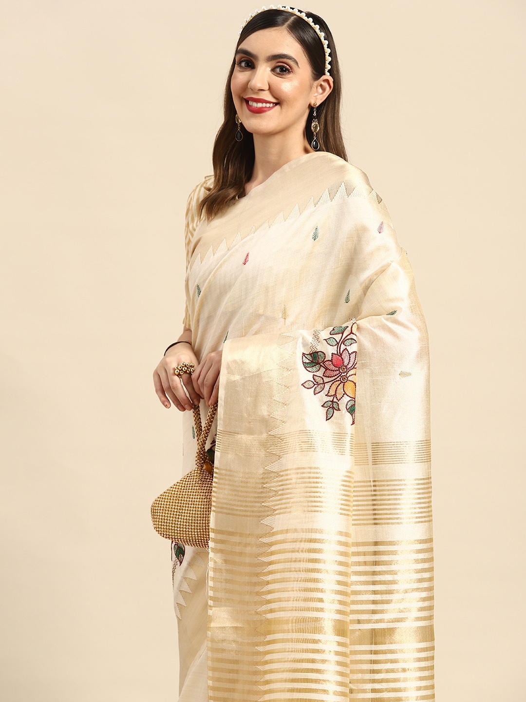 

SERONA FABRICS Embroidered Ethnic Motifs Zari Silk Cotton Saree, White