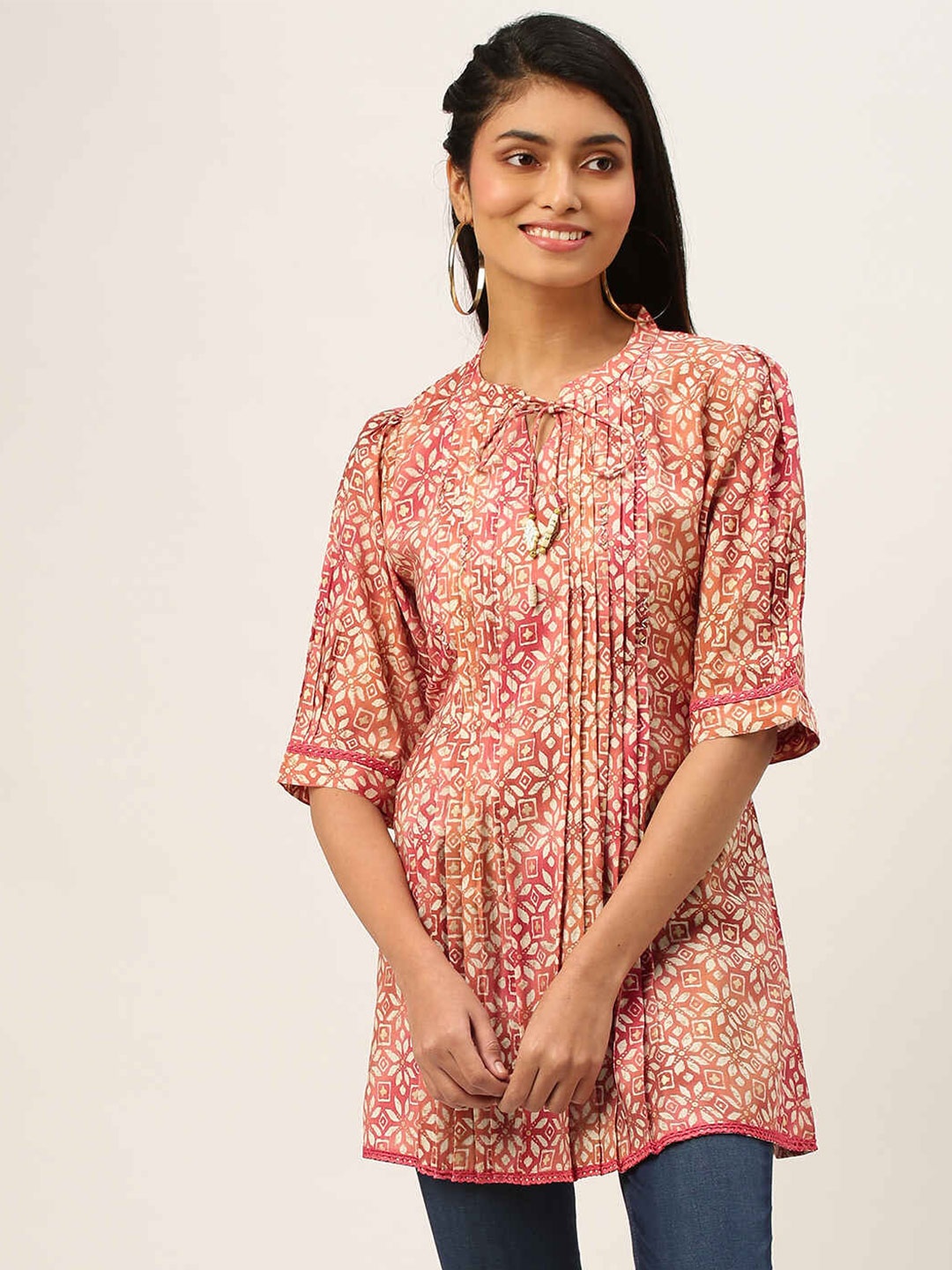 

ZOLA Mandarin Collar Printed Cotton Tunic, Rust