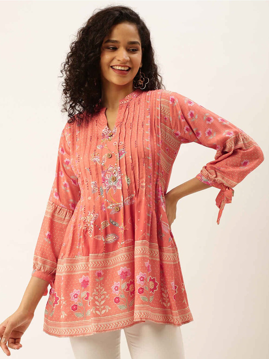 

ZOLA Mandarin Collar Printed Cotton Tunic, Peach