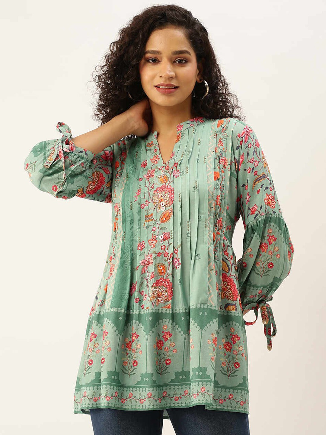 

ZOLA Mandarin Collar Printed Cotton Tunic, Green