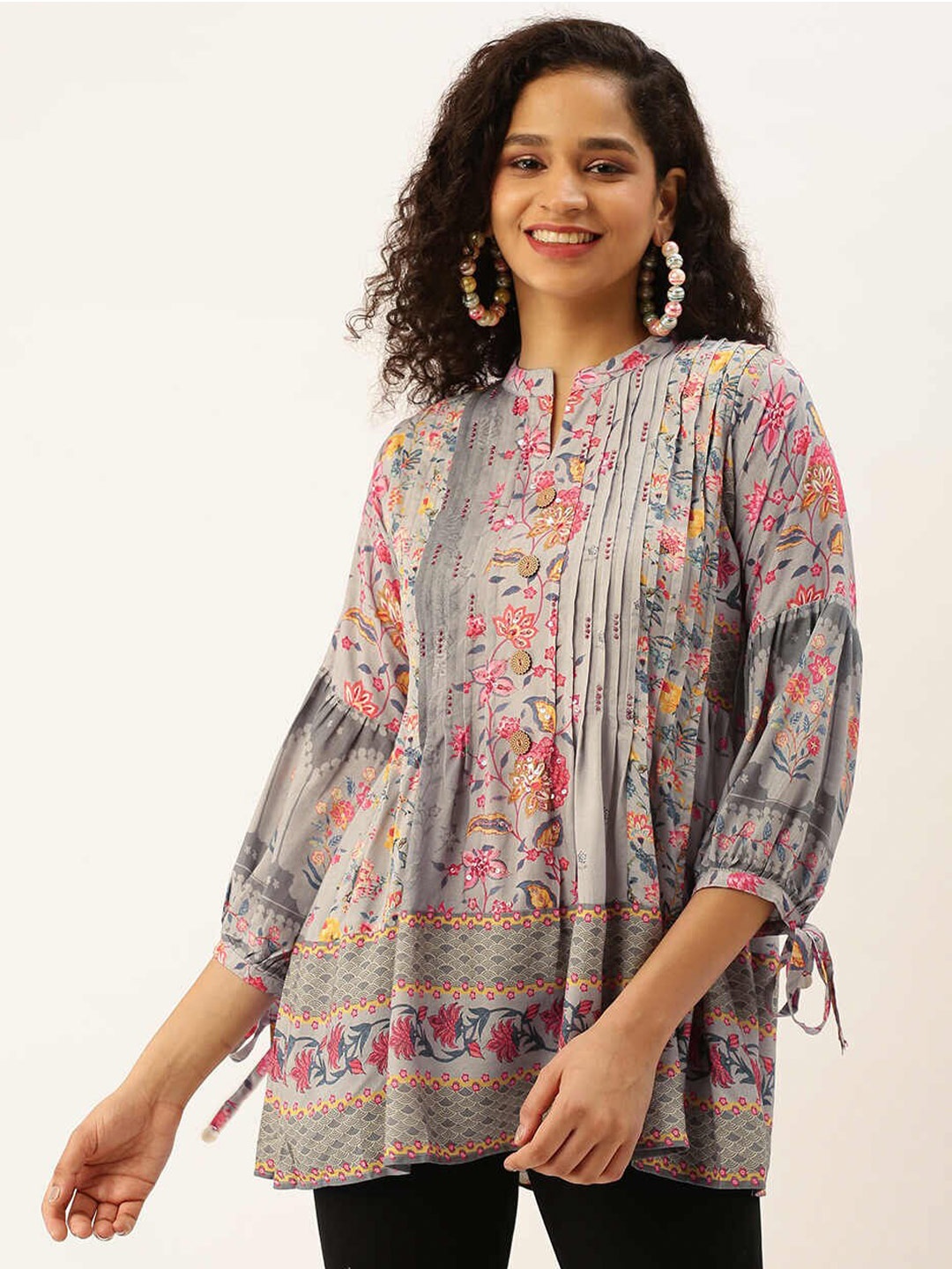

ZOLA Mandarin Collar Printed Cotton Tunic, Grey