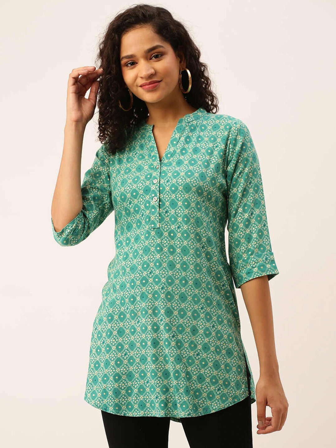 

ZOLA Viscose Rayon Mandarin Collar Printed Tunic, Green
