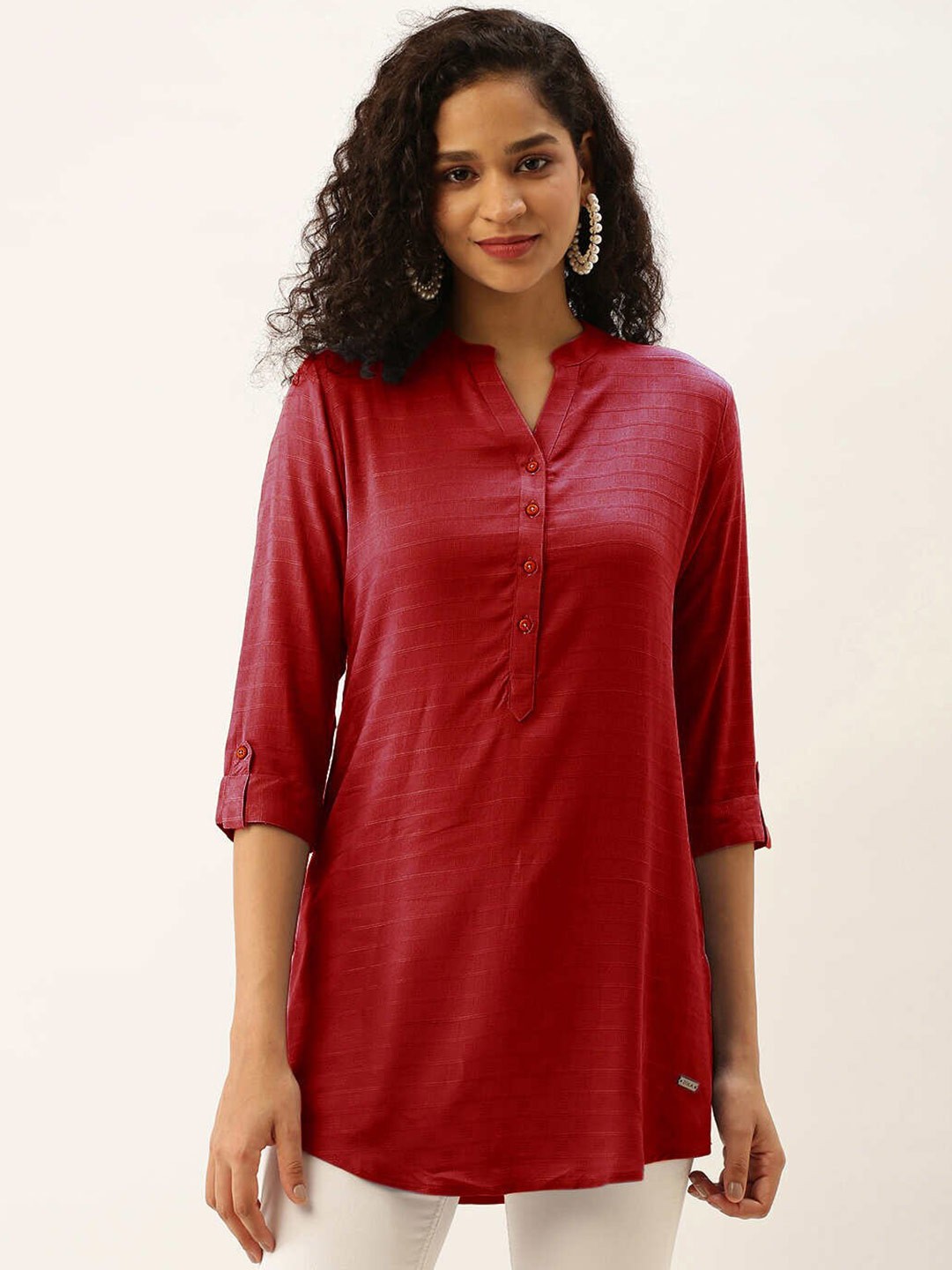 

ZOLA Viscose Rayon Mandarin Collar Printed Tunic, Red
