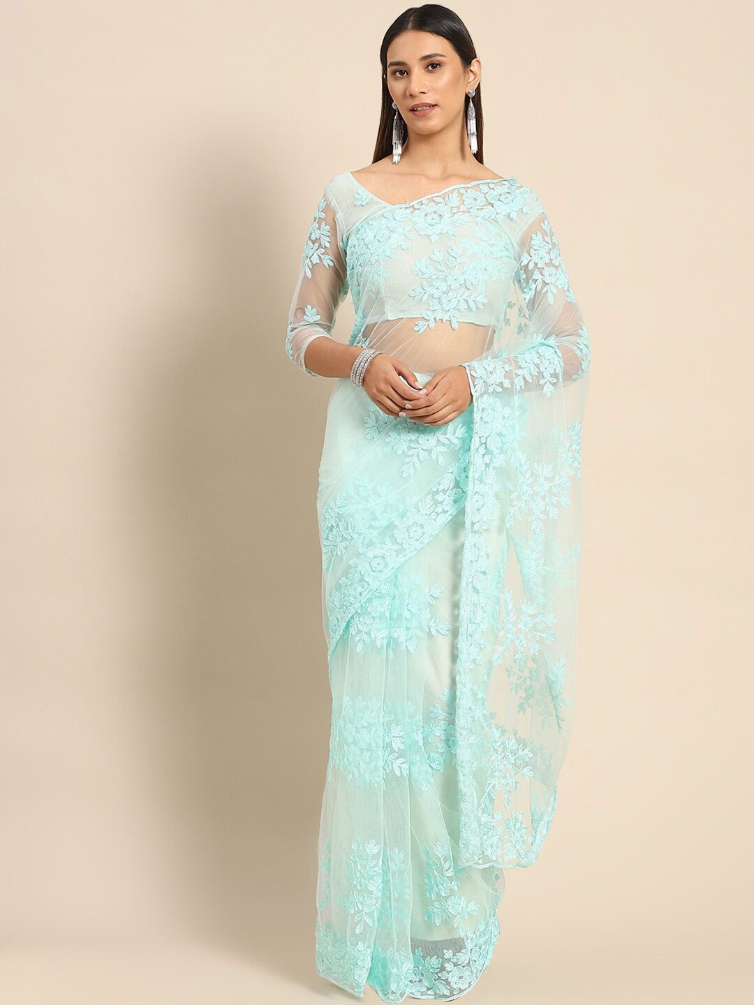 

GAJARAI Floral Embroidered Net Saree, Turquoise blue