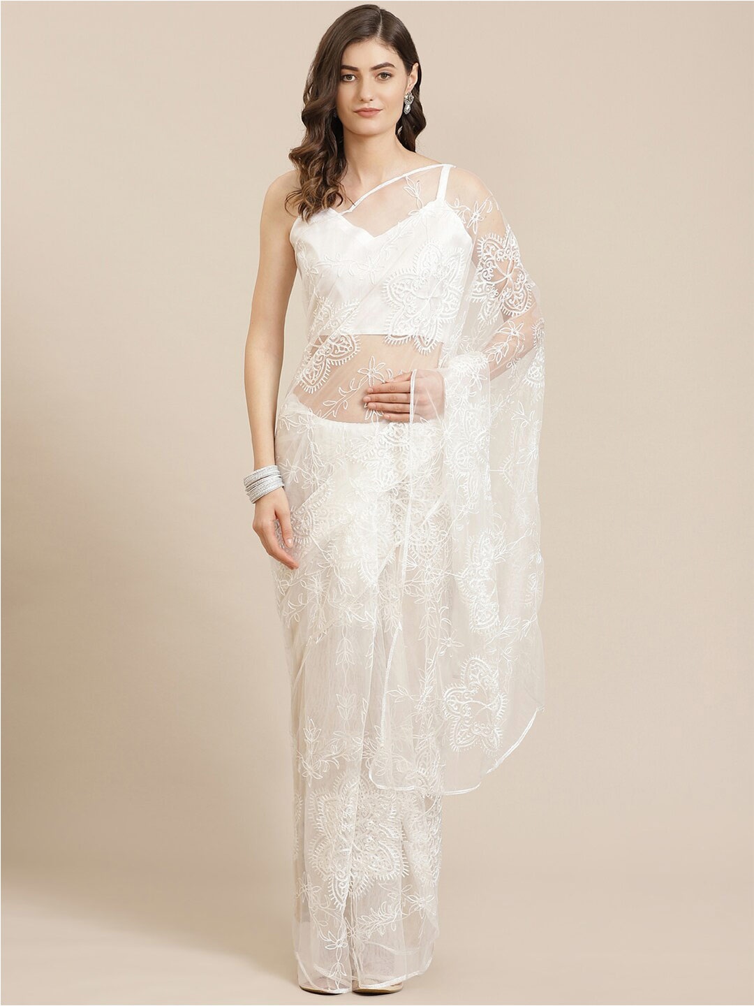 

GAJARAI Floral Embroidered Net Saree, White