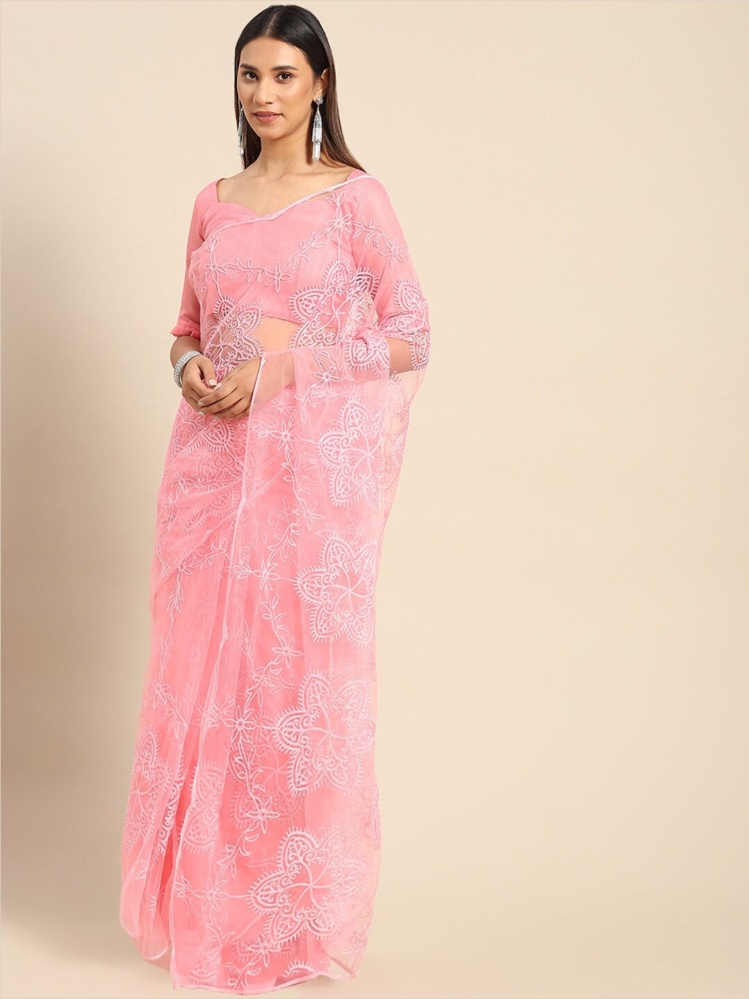 

GAJARAI Floral Embroidered Net Saree, Pink