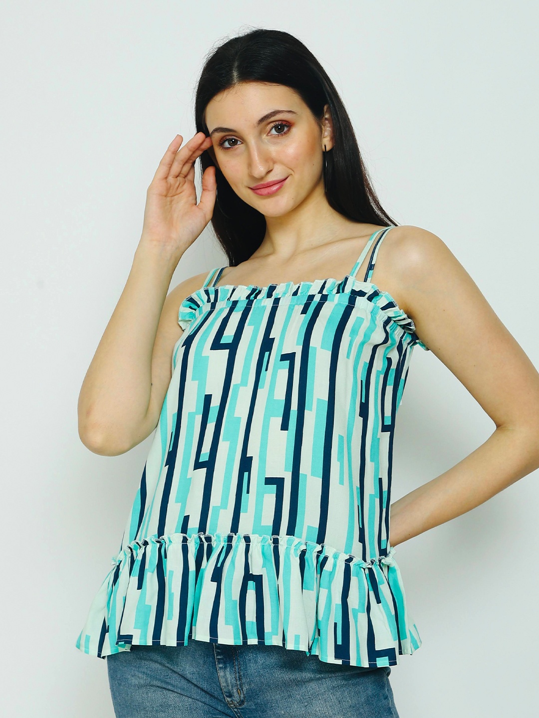

FLAMBOYANT Geometric Print Ruffles Top, Sea green