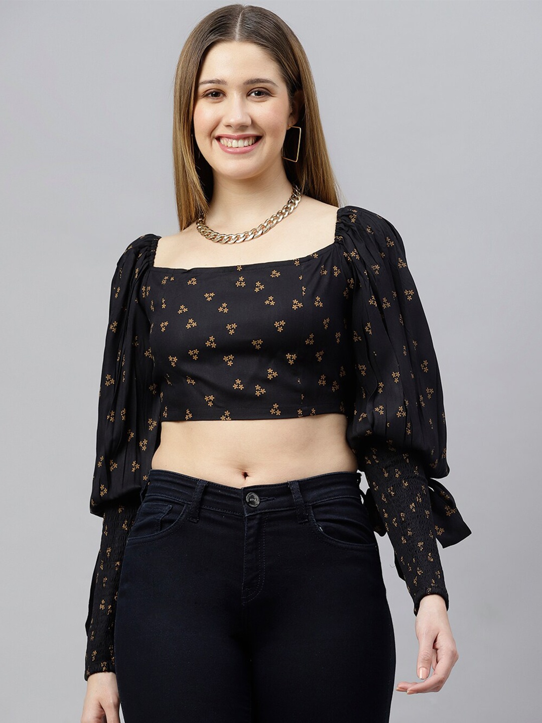 

FLAMBOYANT Floral Print Crop Top, Black