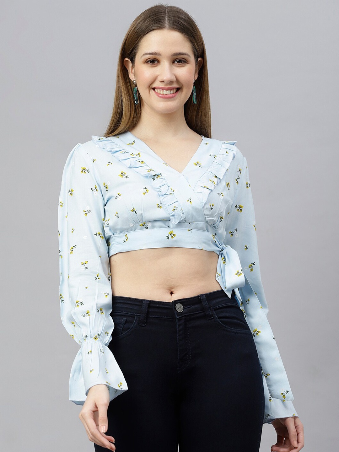 

FLAMBOYANT Floral Print Wrap Crop Top, Blue