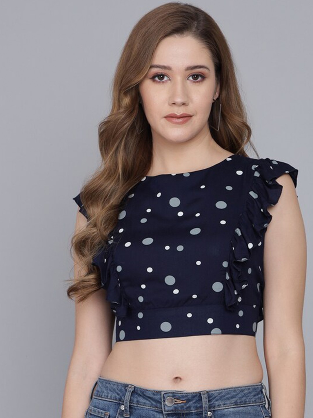 

FLAMBOYANT Navy Blue & White Geometric Print Ruffles Crop Top