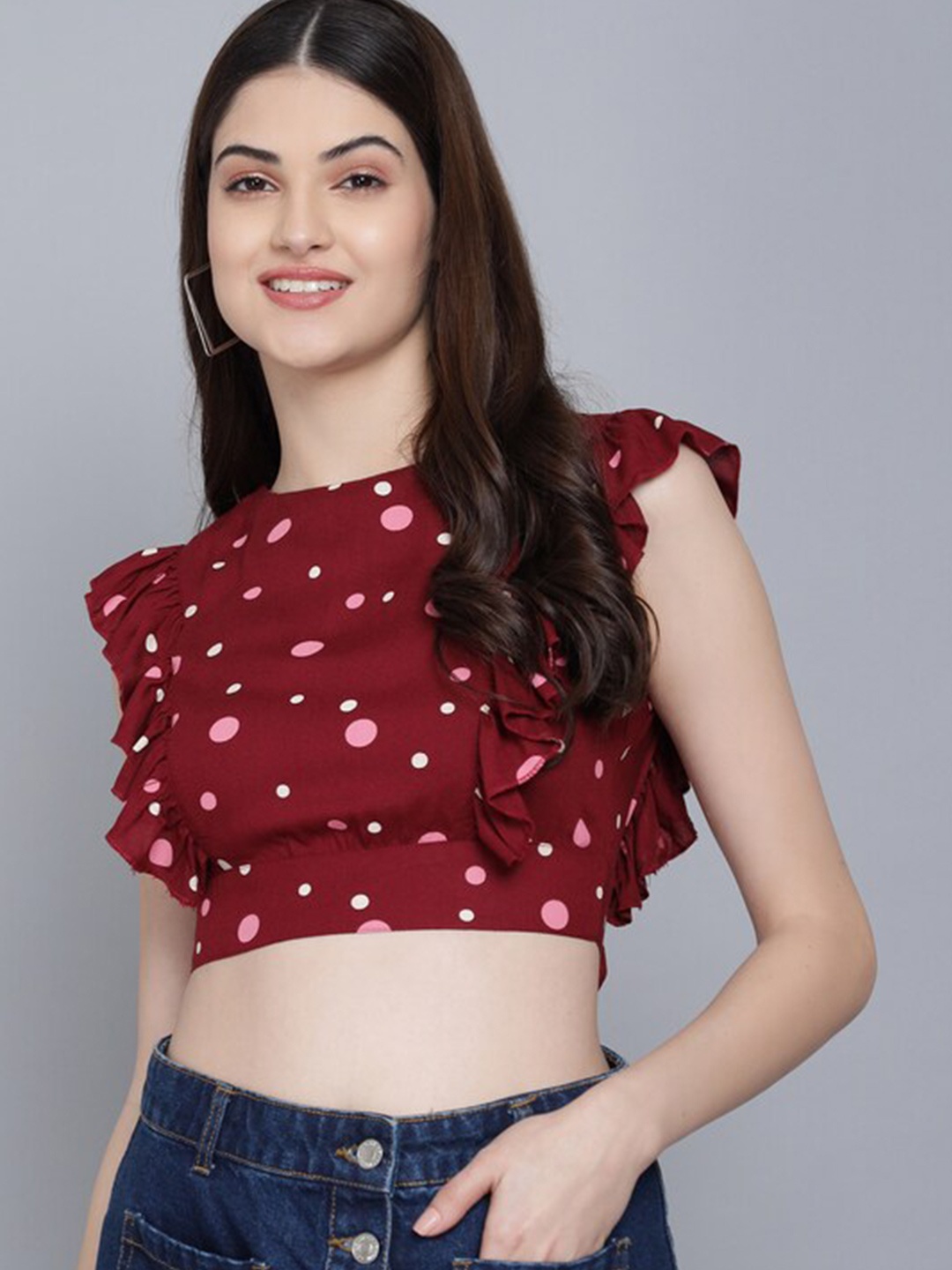 

FLAMBOYANT Print Ruffles Crop Top, Maroon