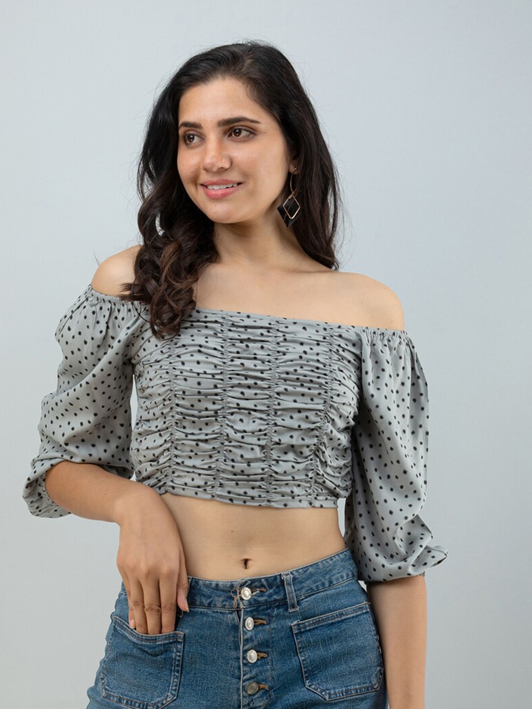 

FLAMBOYANT Print Off-Shoulder Bardot Crop Top, Grey