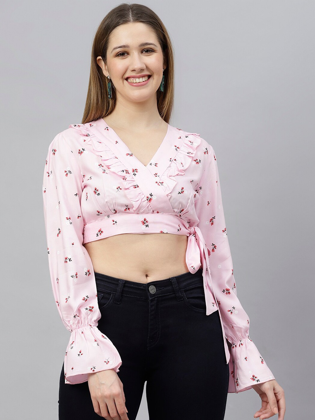 

FLAMBOYANT Floral Print Wrap Crop Top, Pink