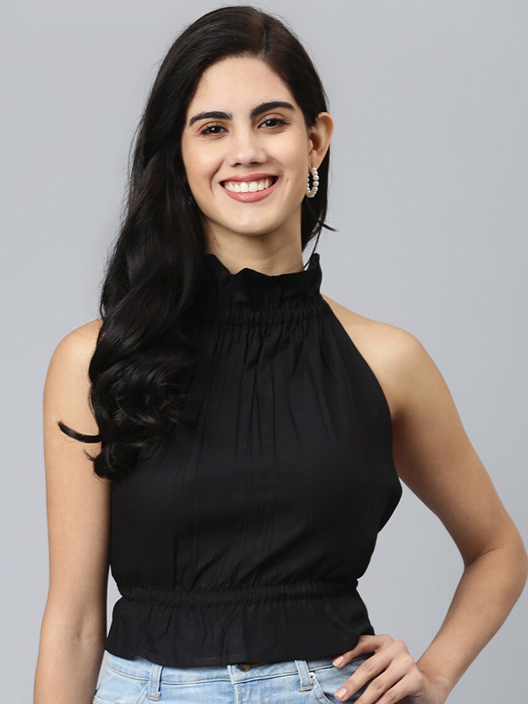 

FLAMBOYANT Halter Neck Regular Blouson Top, Black