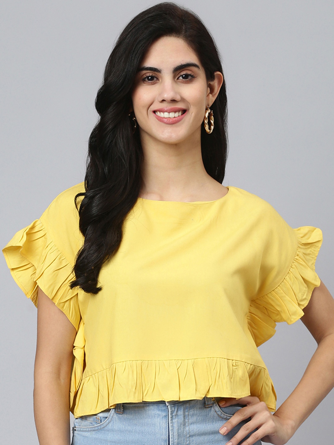 

FLAMBOYANT Flutter Sleeves Regular Crop Top, Yellow