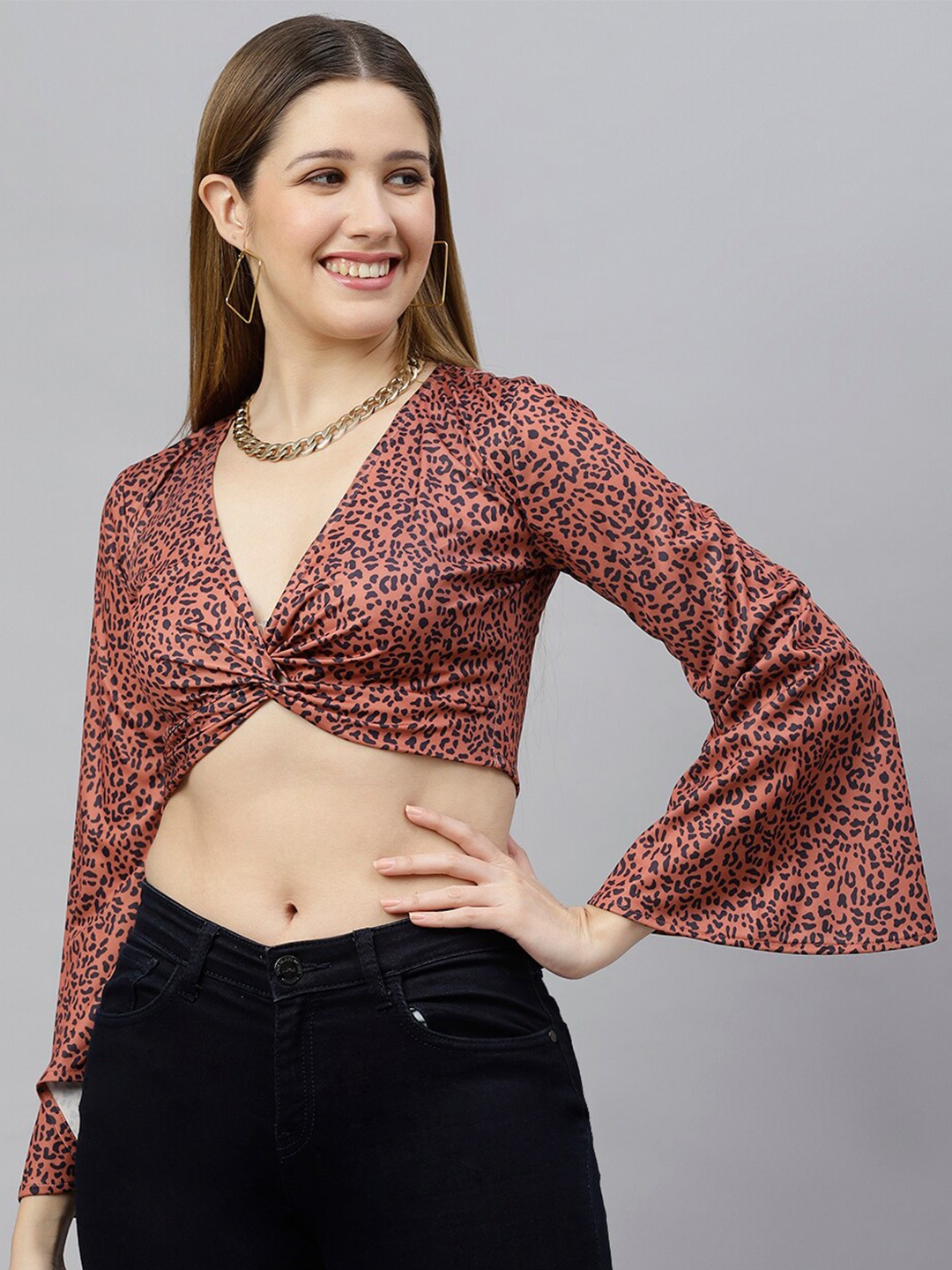 

FLAMBOYANT Animal Print Wrap Crop Top, Rust