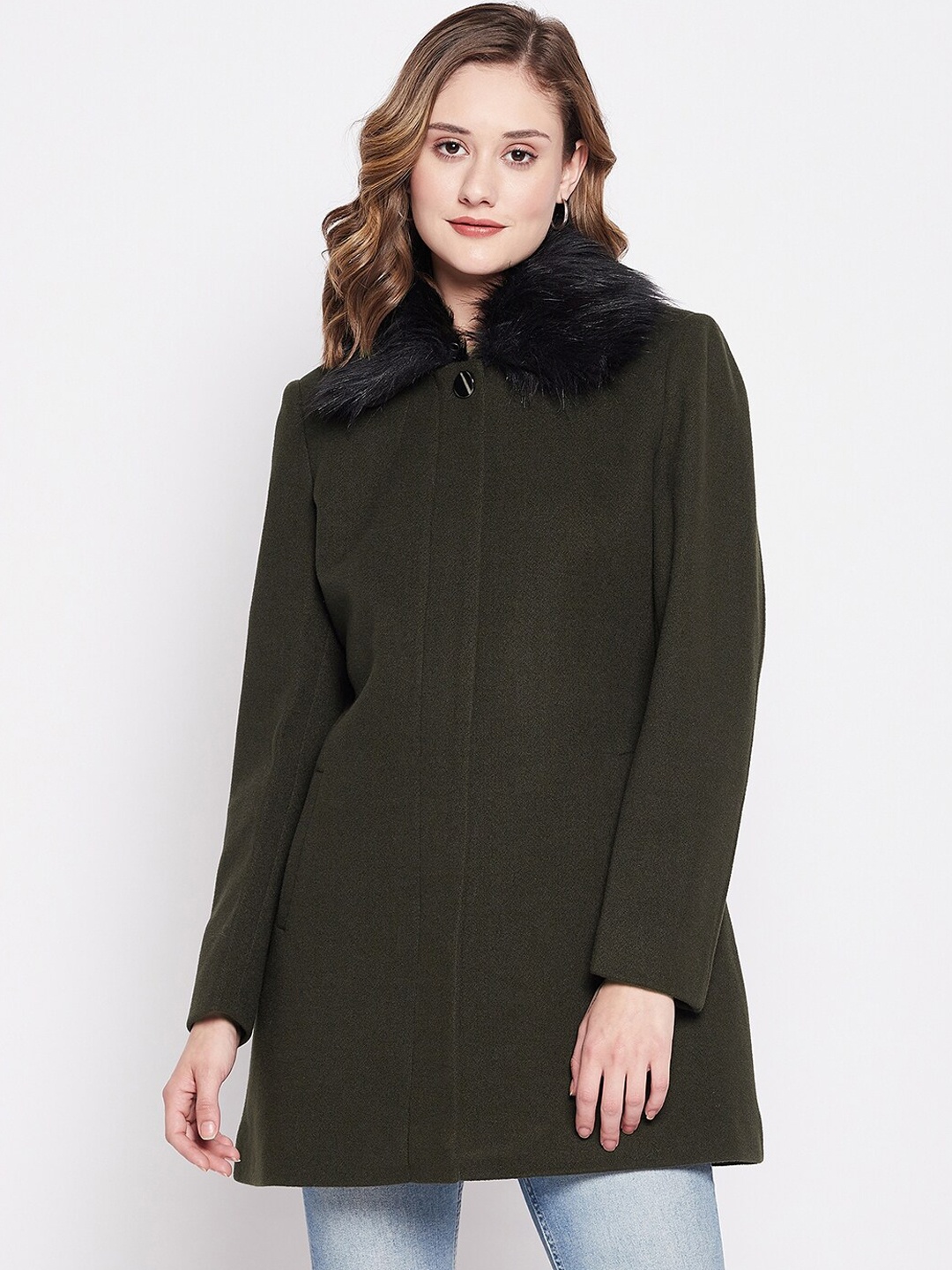

Okane Women Fur Spread Collar Tweed Overcoats, Olive