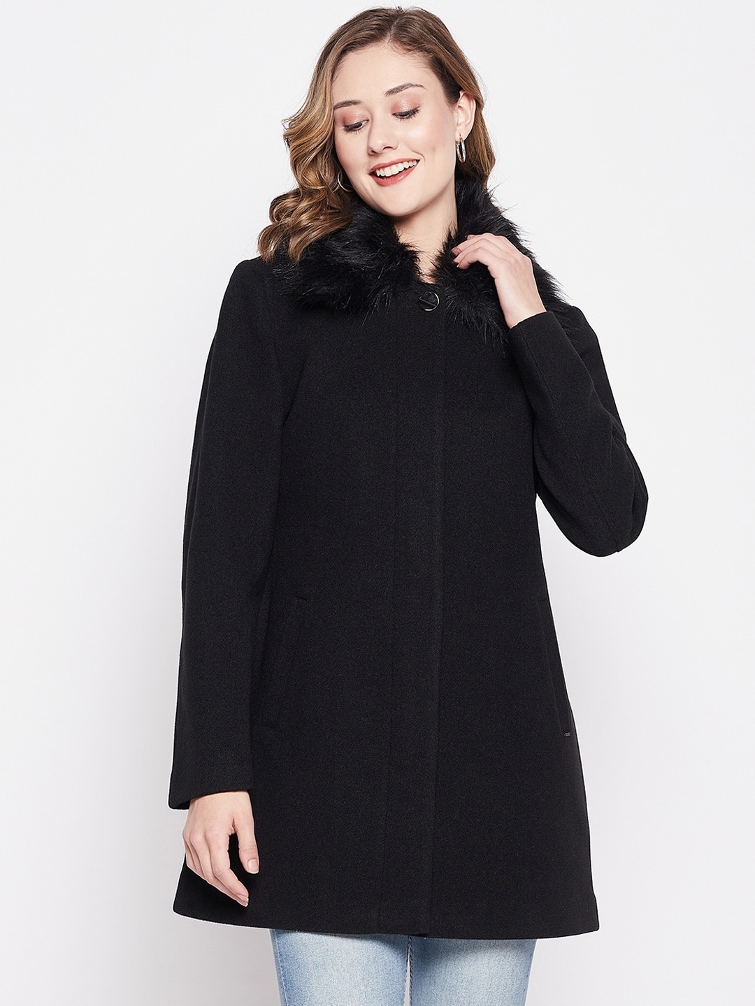 

Okane Women Faux Fur Trim Spread Collar Overcoat, Black