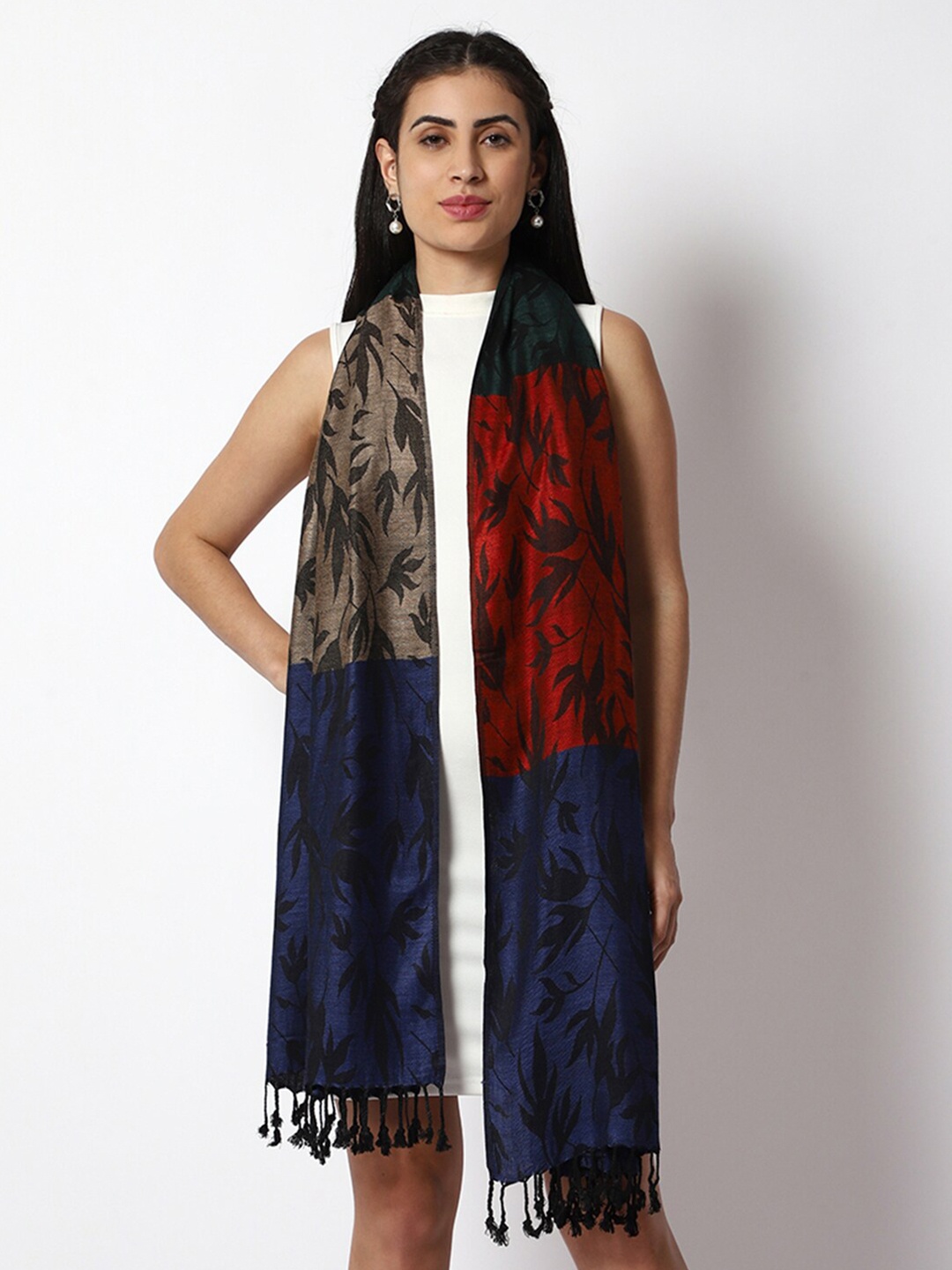 

WEAVERS VILLA Women Floral Printed Stole With Tasselled border, Blue