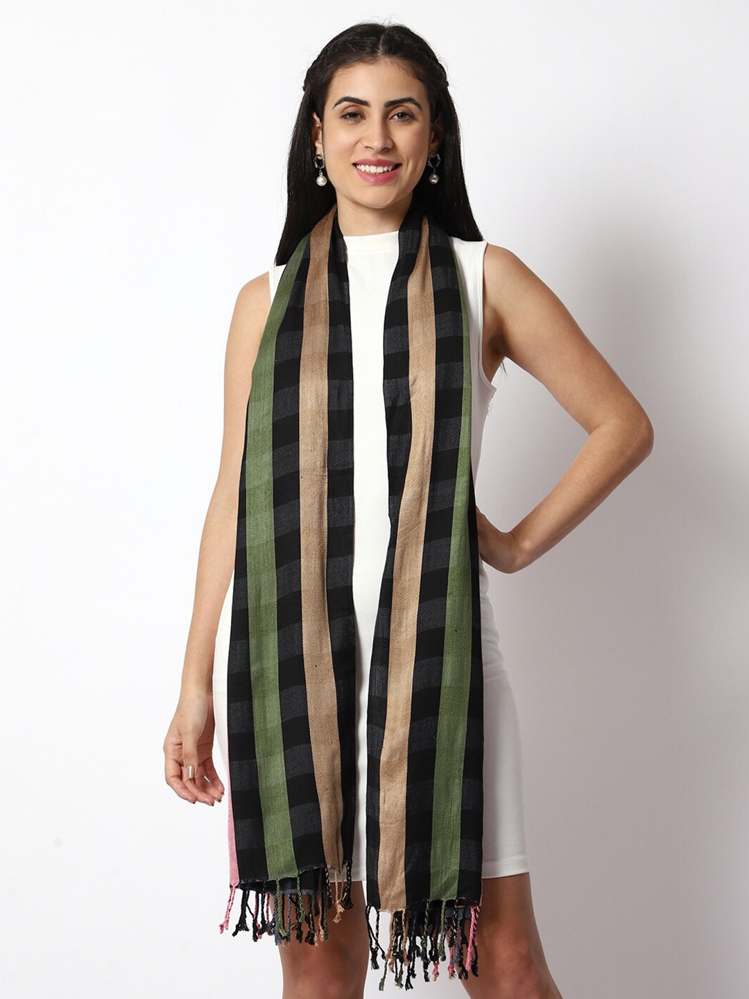 

WEAVERS VILLA Women Striped Stole With Tasselled border, Black