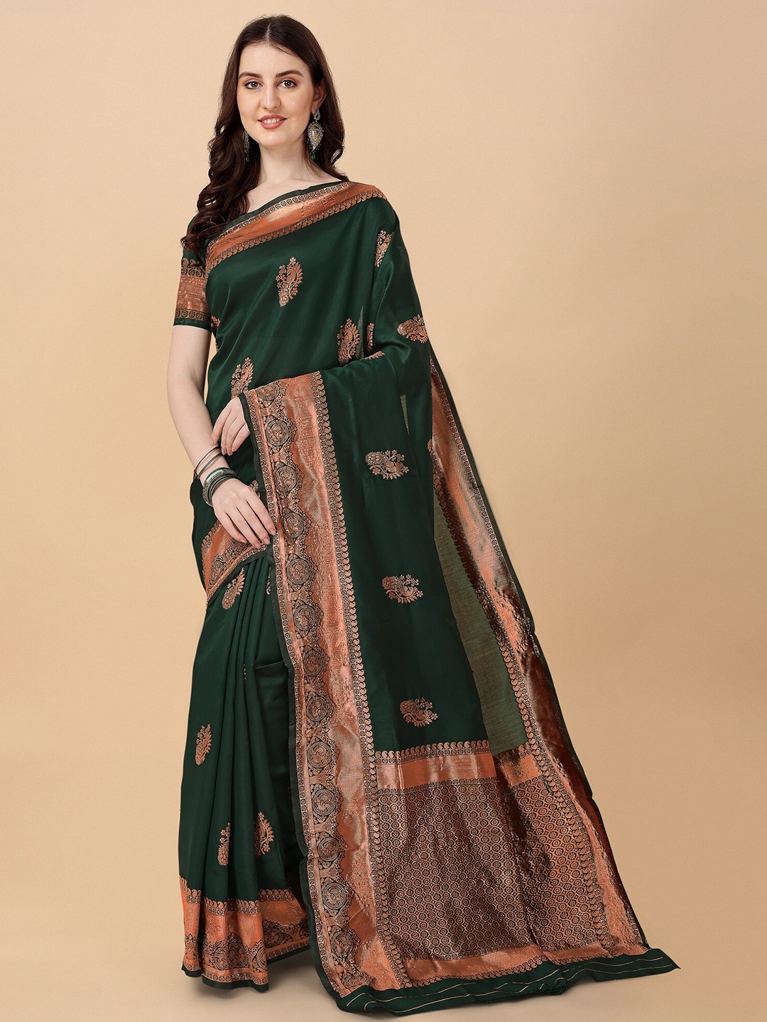 

Fashion Booms Floral Zari Art Silk Ready to Wear Kanjeevaram Saree, Green