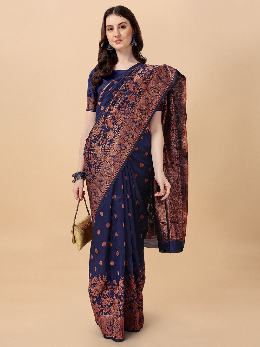 

Fashion Booms Floral Zari Art Silk Banarasi Saree, Blue