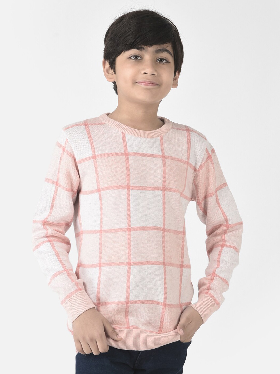 

Crimsoune Club Boys Checked Cotton Pullover, Pink