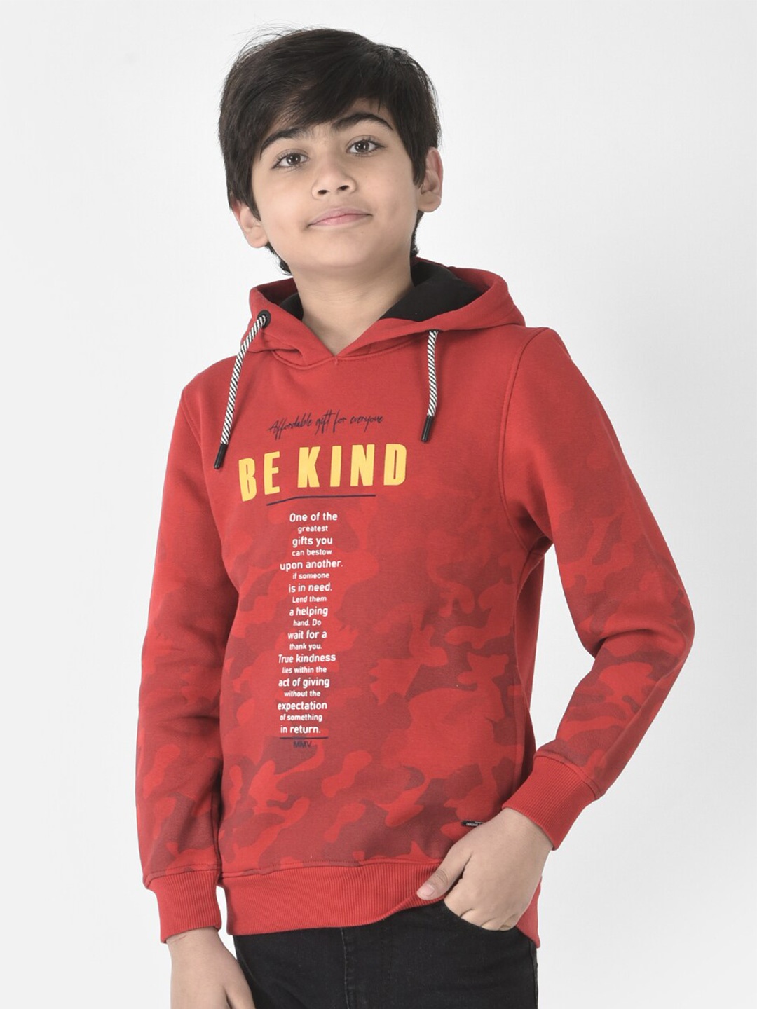 Crimsoune Club Boys Cotton Printed Hooded Sweatshirt, Red