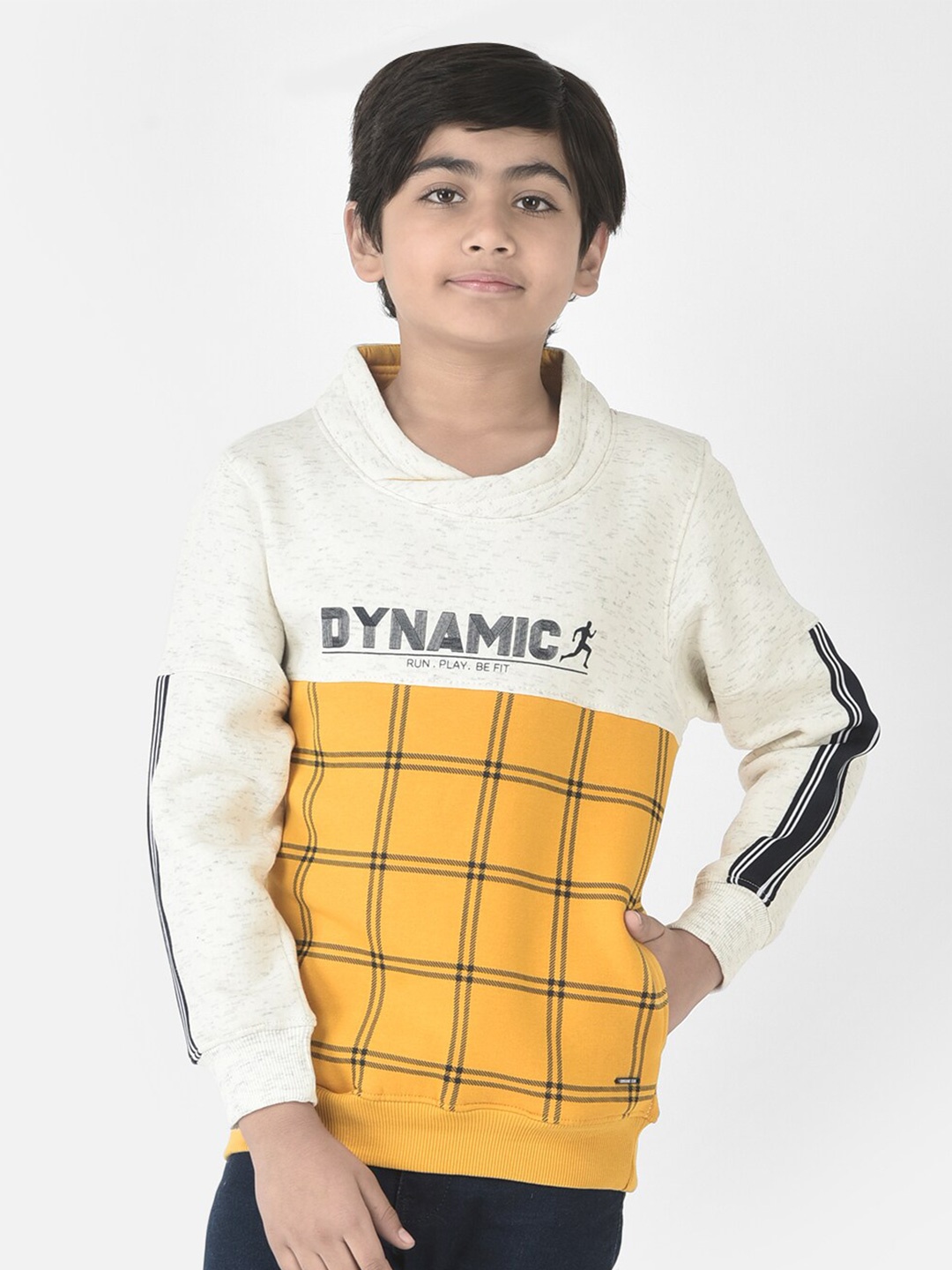 

Crimsoune Club Boys Cotton Checked Sweatshirt, Mustard