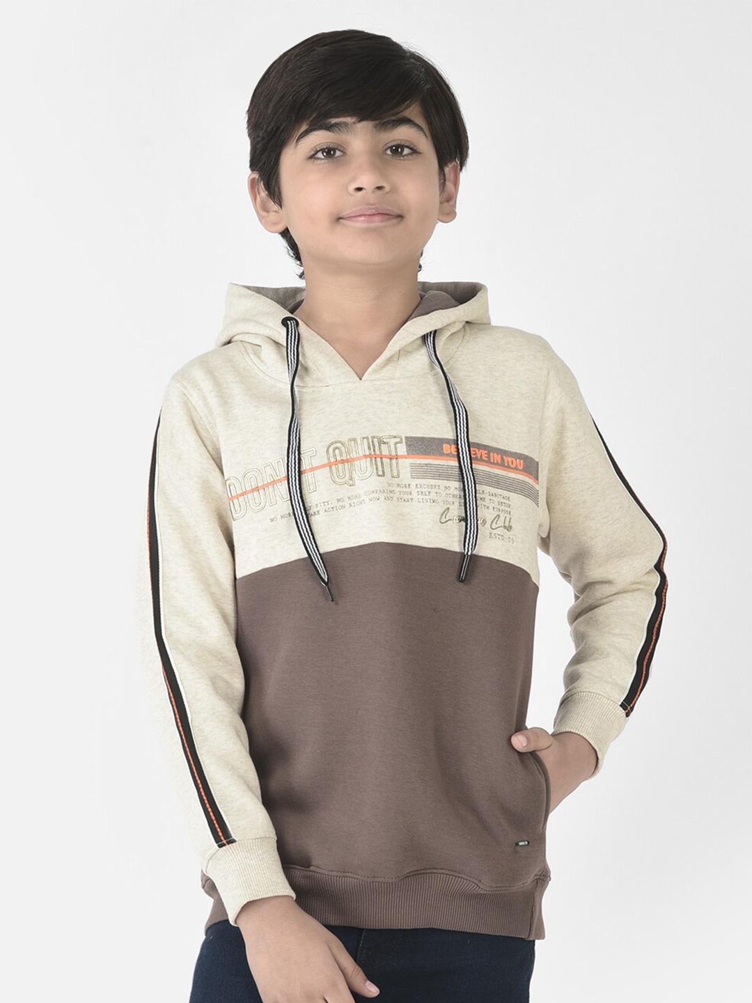 

Crimsoune Club Boys Cotton Colourblocked Hooded Sweatshirt, Brown