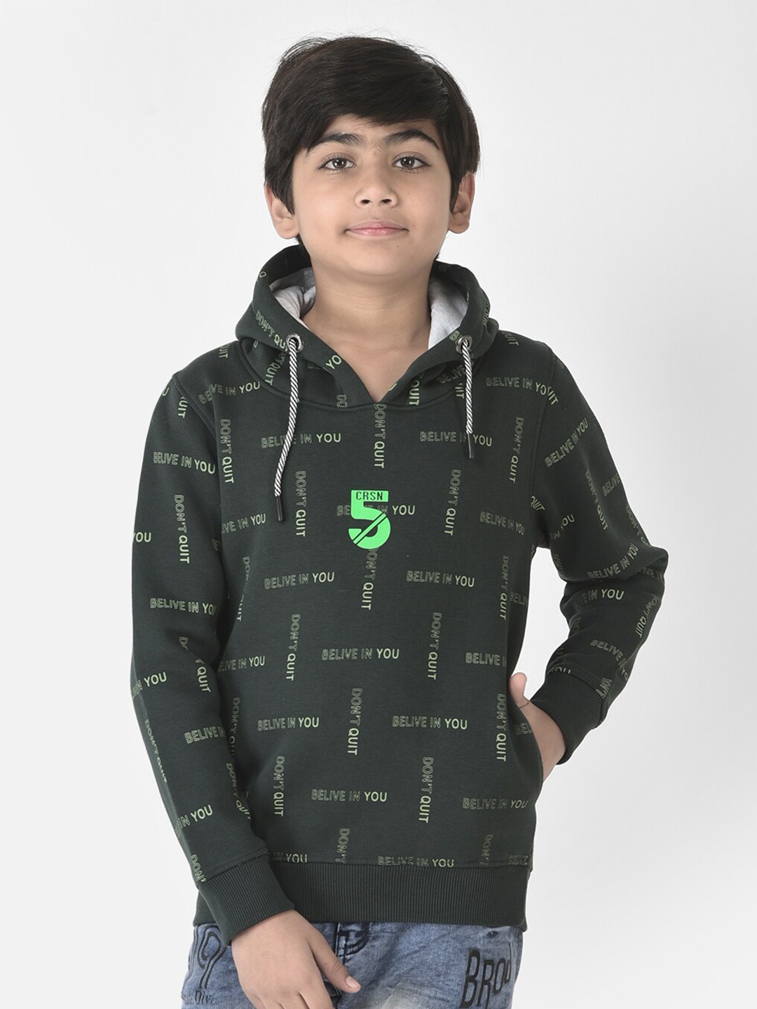 

Crimsoune Club Boys Cotton Printed Hooded Sweatshirt, Green