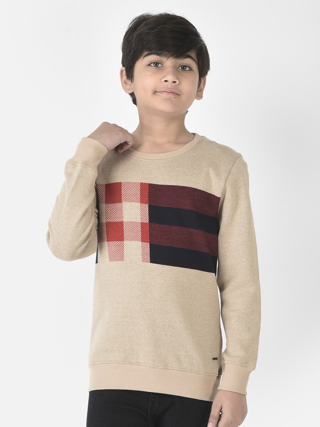 

Crimsoune Club Boys Cotton Checked Sweatshirt, Beige