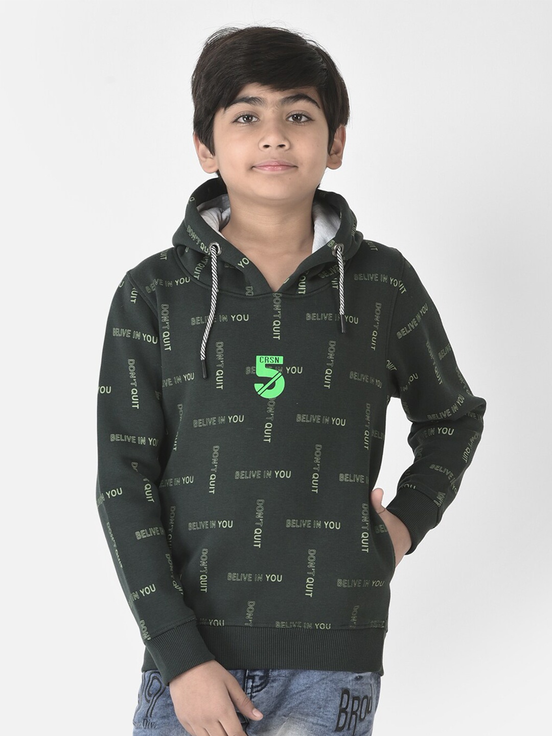 

Crimsoune Club Boys Cotton Printed Hooded Sweatshirt, Green