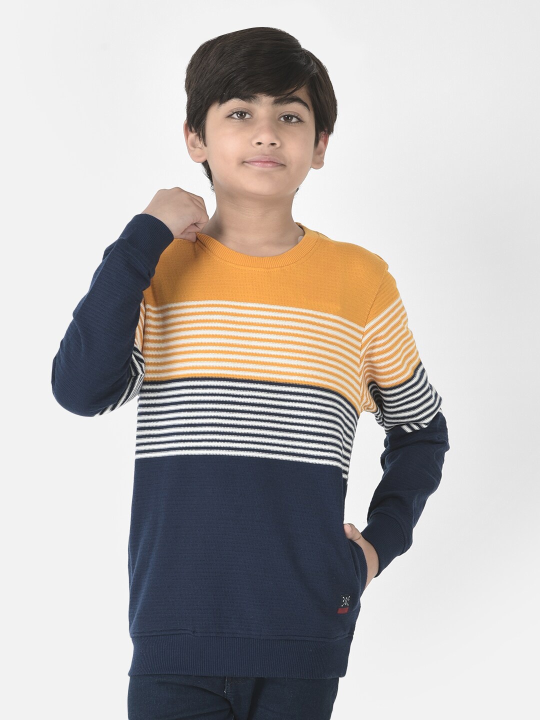 

Crimsoune Club Boys Cotton Striped Sweatshirt, Navy blue