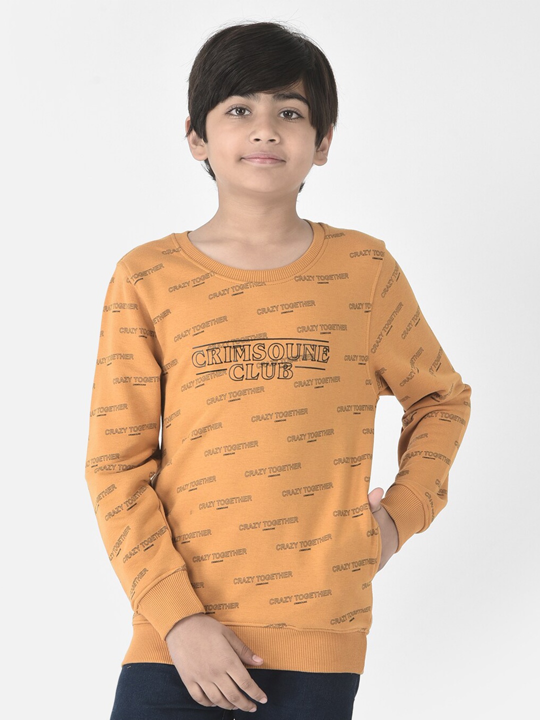 

Crimsoune Club Boys Typography Printed Sweatshirt, Mustard