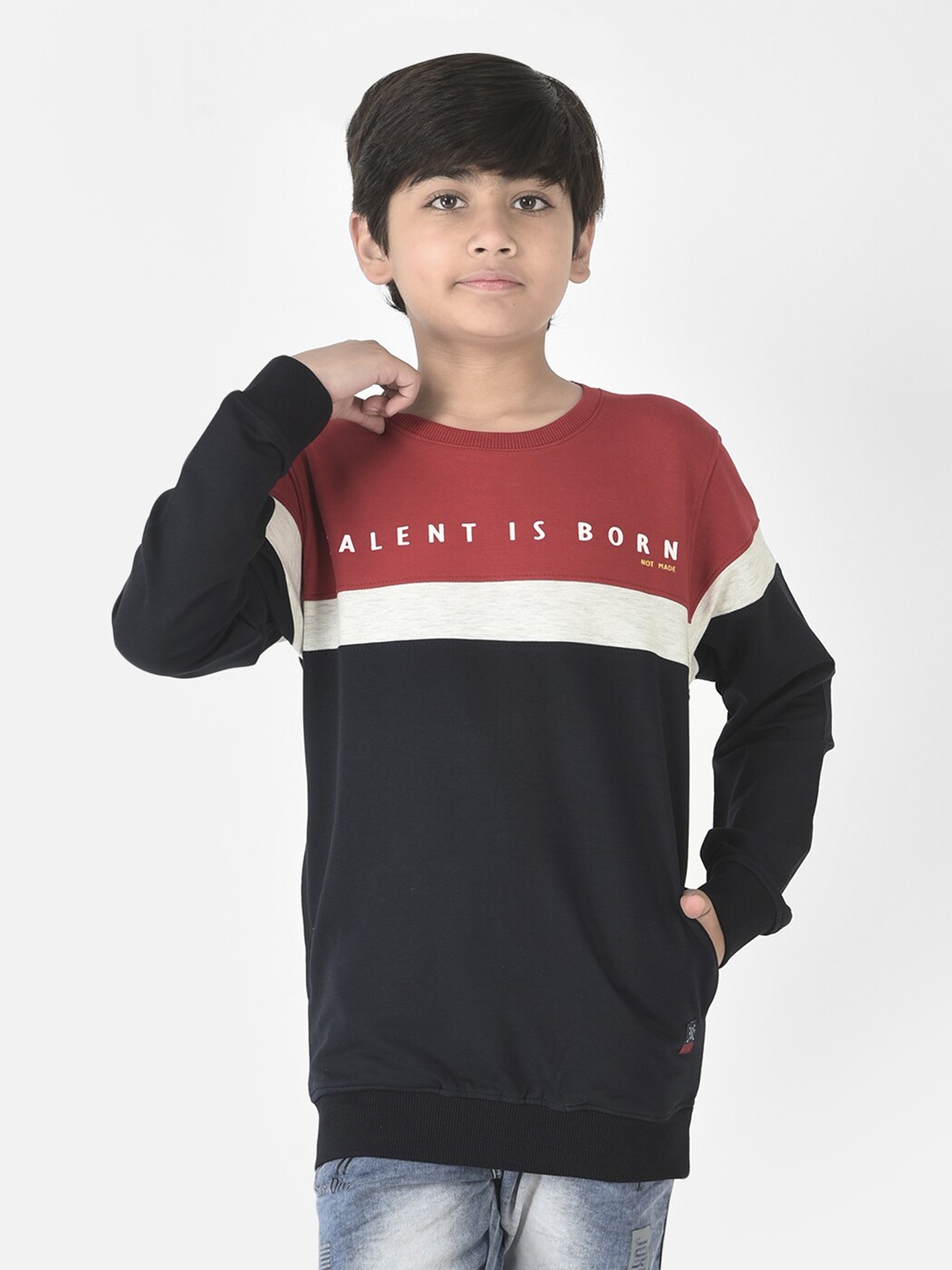 

Crimsoune Club Boys Colourblocked Cotton Sweatshirt, Navy blue