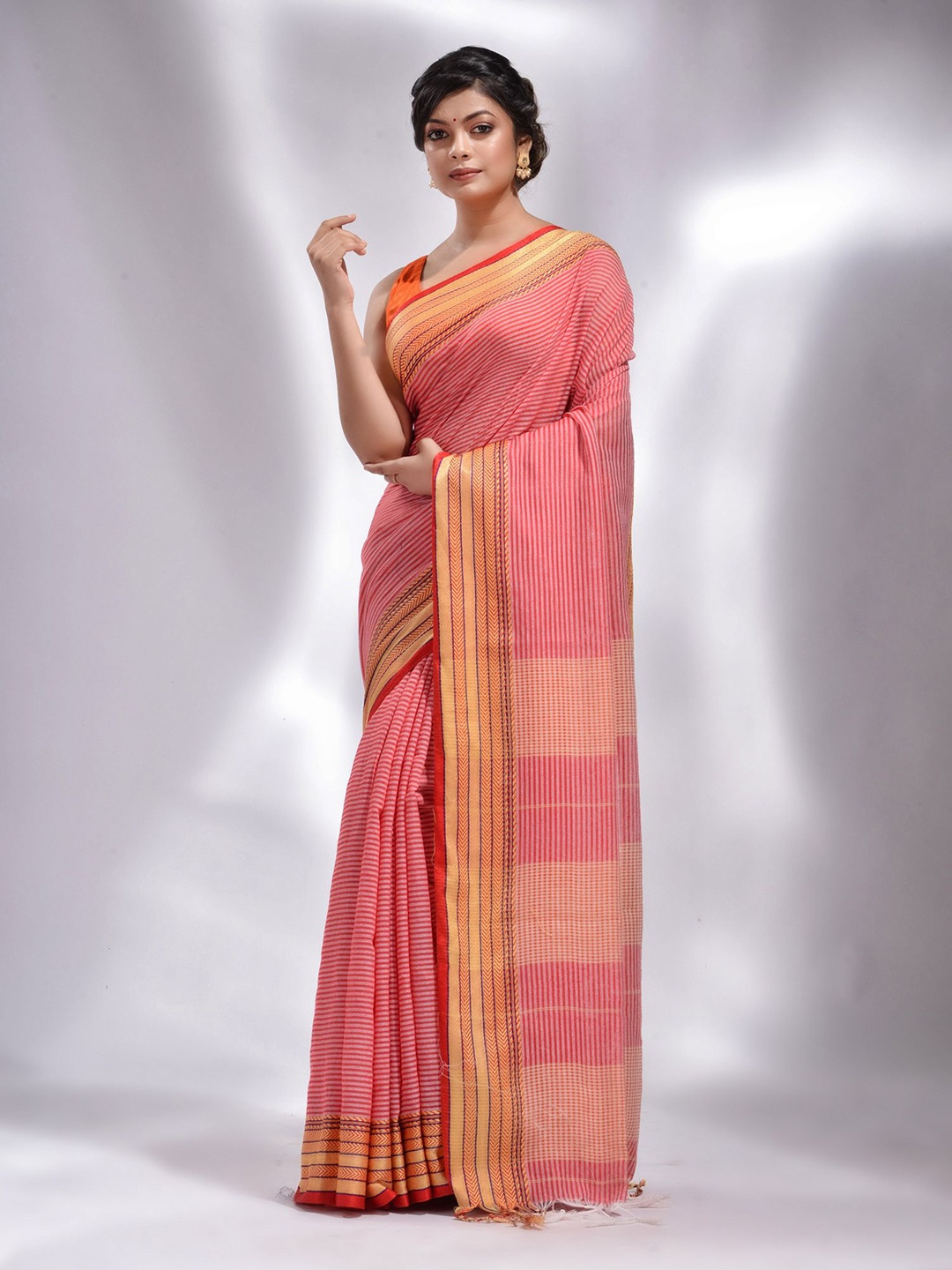 

Charukriti Striped Pure Cotton Saree, Red