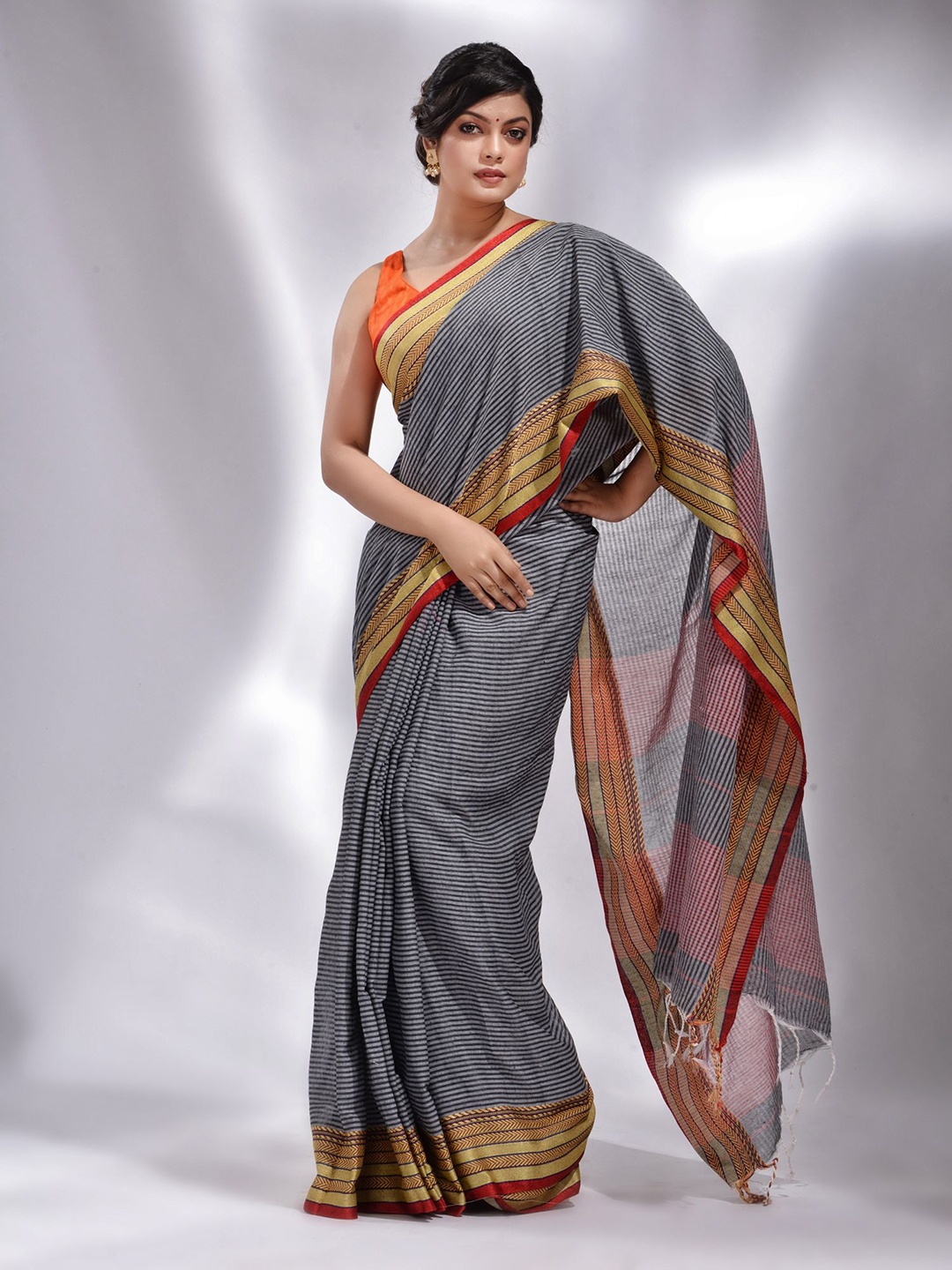 

Charukriti Striped Zari Pure Cotton Saree, Grey
