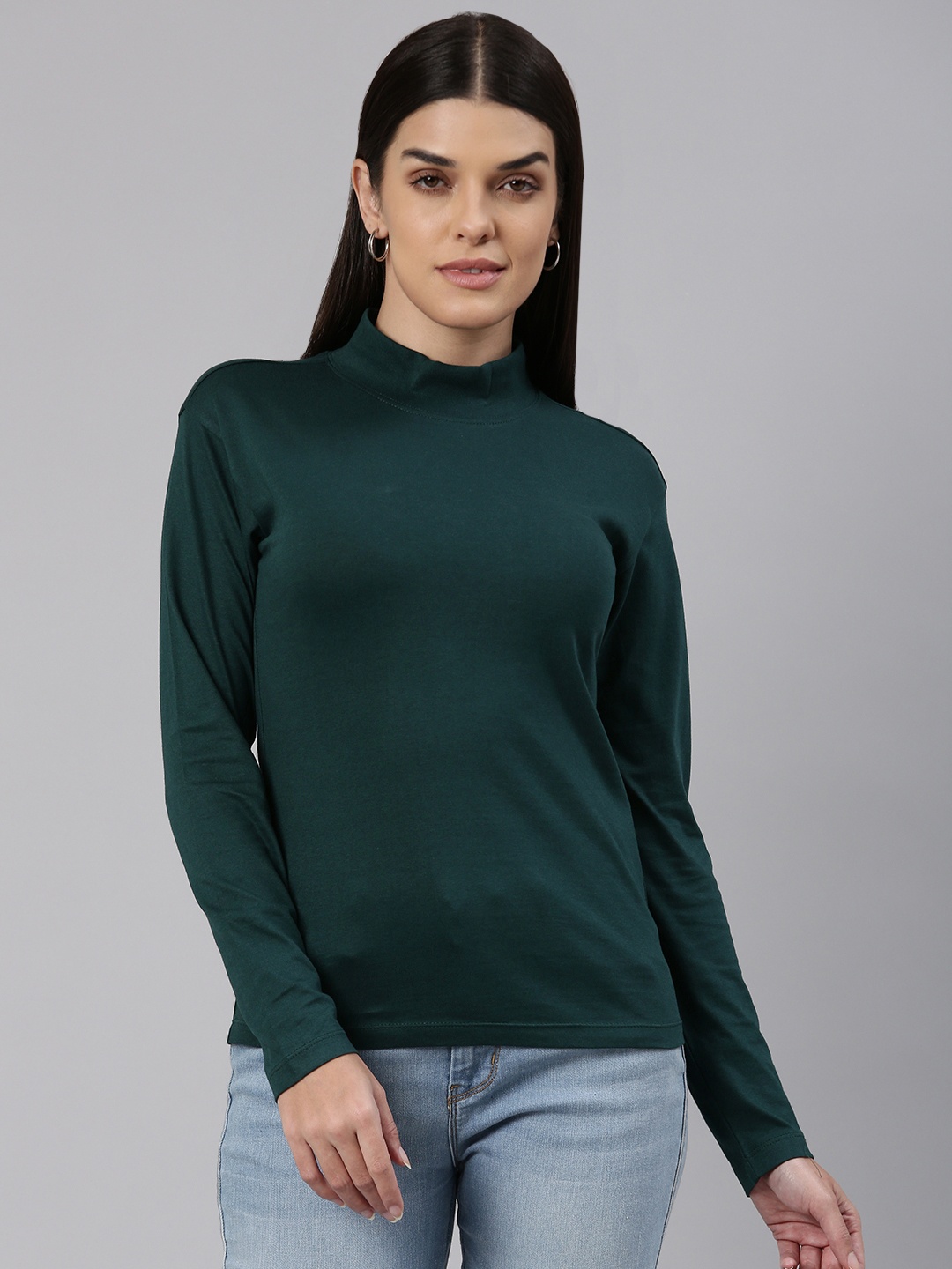 

Huetrap Women High Neck Cotton T-shirt, Teal