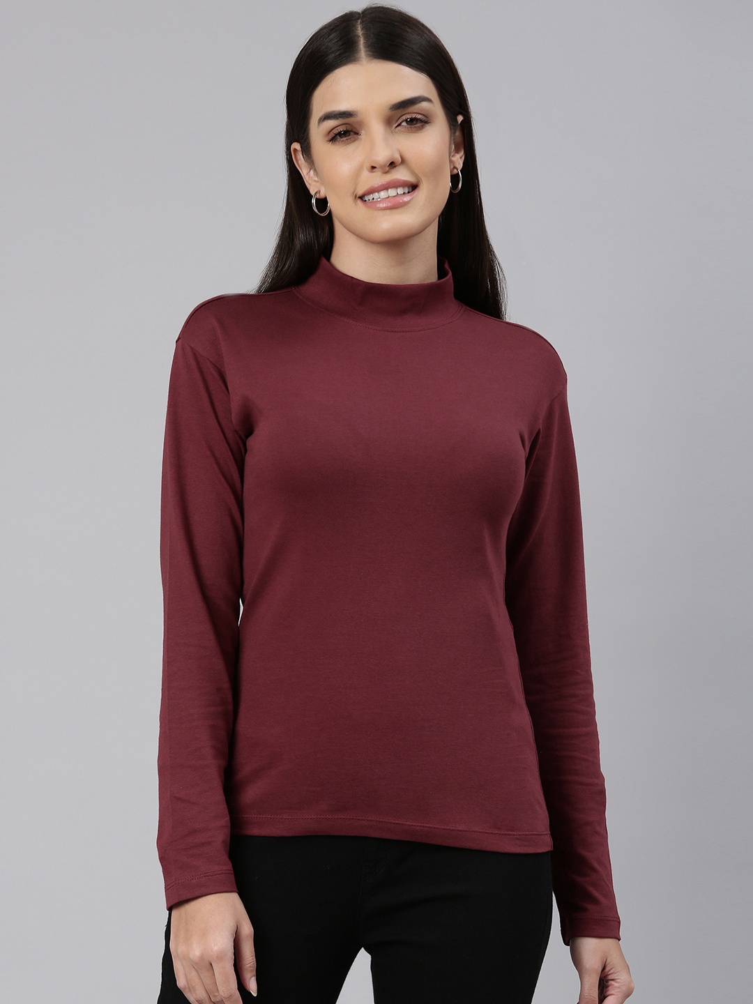 

Huetrap Women High Neck Cotton T-shirt, Maroon