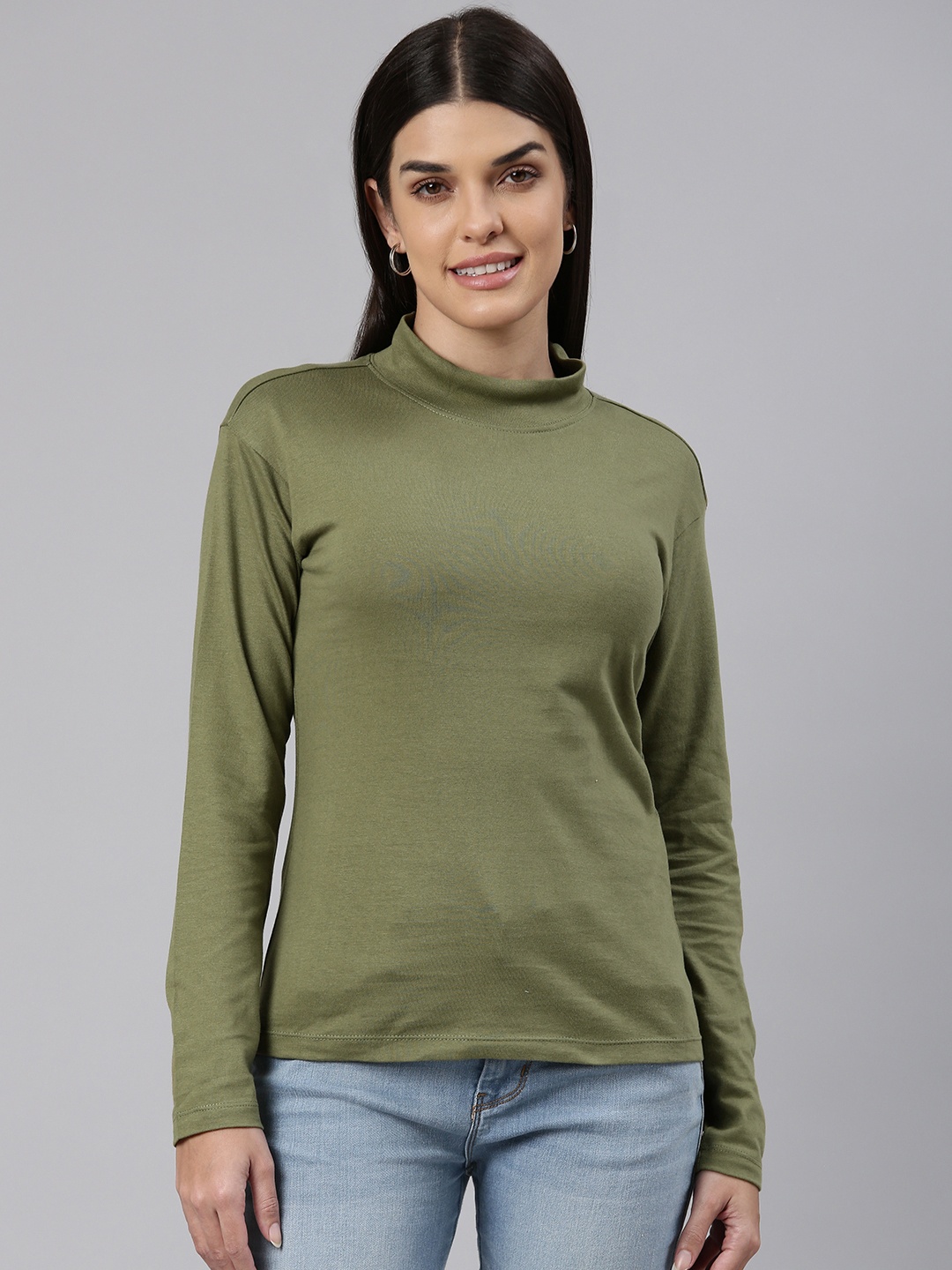 

Huetrap Women High Neck Cotton T-shirt, Olive