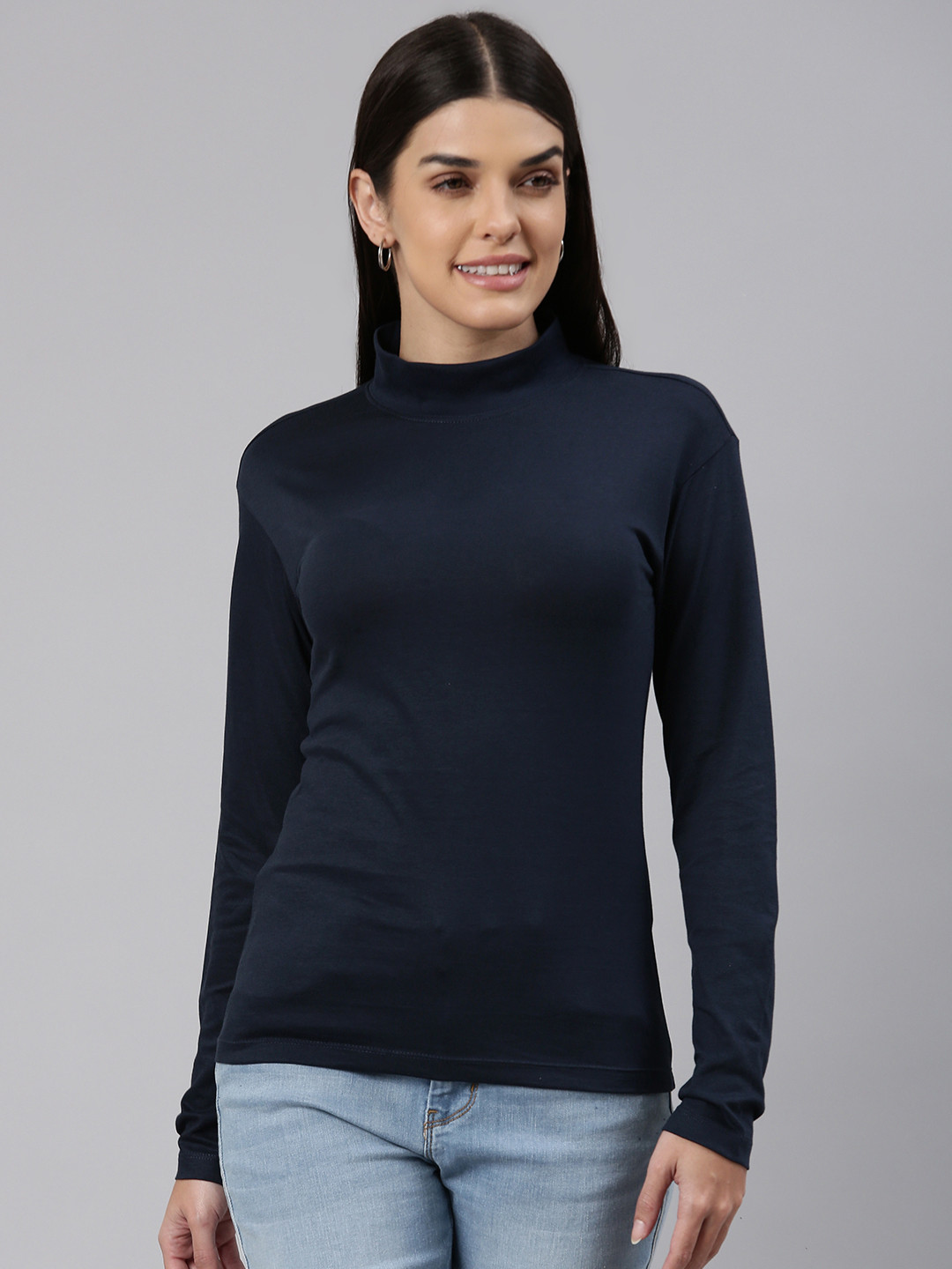

Huetrap Women High Neck Cotton T-shirt, Navy blue