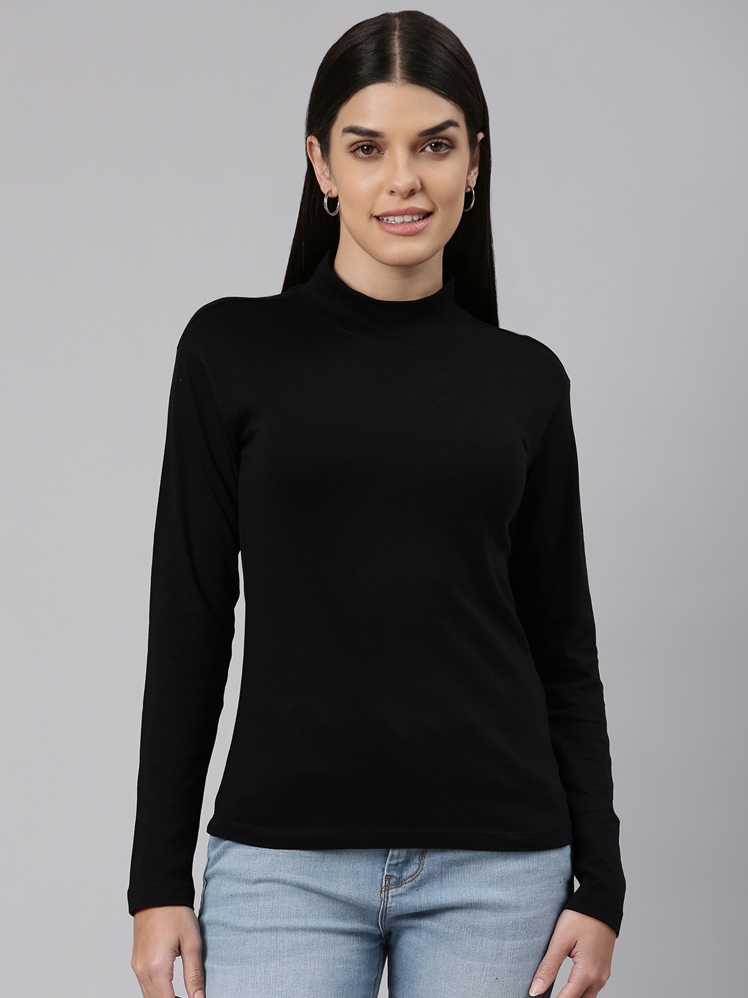 

Huetrap Women High Neck Cotton T-shirt, Black