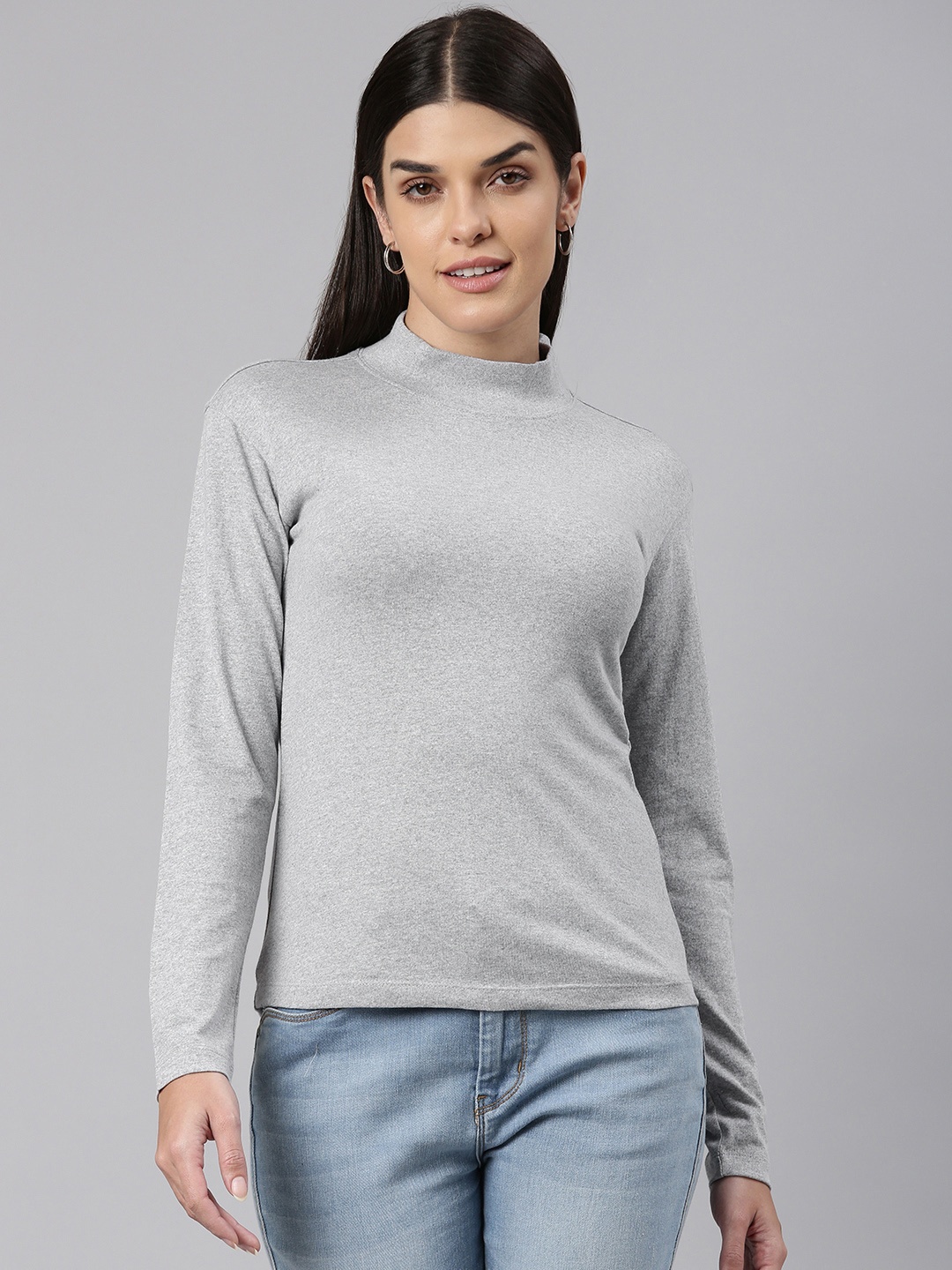 

Huetrap Women High Neck Cotton T-shirt, Grey melange